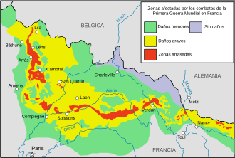 Mapa de las zonas de destrucción tras la Primera Guerra Mundial