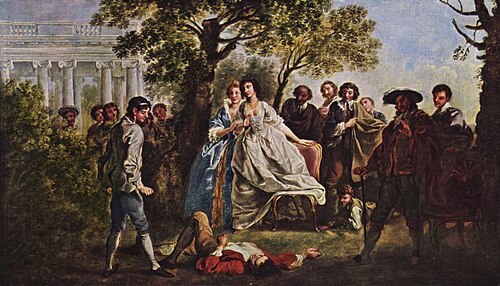Escena de Como gustéis representada en un grabado del siglo XVIII.