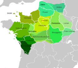 Mapa de las principales variedades históricas de lenguas de oïl.