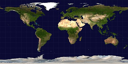 Una proyección cilíndrica equidistante de la Tierra a 1 píxel por grado con el ecuador como paralelo estándar.