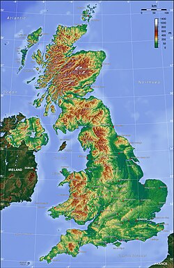Mapa topográfico del Reino Unido mostrando elevaciones y accidentes geográficos