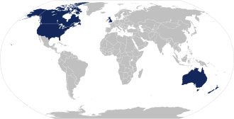 Bandera y representación de los países que forman parte de la angloesfera.