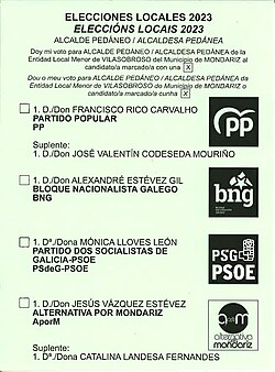 Papeleta electoral para la alcaldía pedánea de Vilasobroso