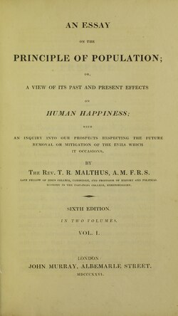 Portada histórica de la edición de 1826 del Ensayo sobre el principio de la población