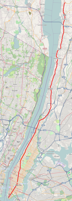 Mapa esquemático del recorrido de Broadway en rojo a través de Manhattan, El Bronx y Westchester.