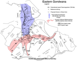 Mapa paleotectónico que muestra el este de Gondwana con cinturones orogénicos.