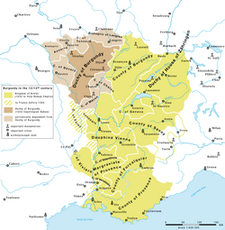 Mapa del Reino de Arles durante su periodo de existencia entre 1033 y 1378.