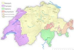 Distribución lingüística de Suiza mostrando el francés en Romandía, el alemán, el italiano y el romanche.