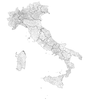 Mapa de las divisiones administrativas de Italia mostrando límites regionales, provinciales y comunales