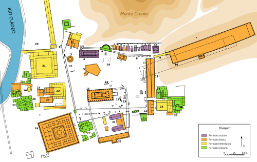 Plano detallado de Olimpia que muestra los edificios de diferentes periodos históricos.