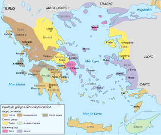 Esquema esquemático de las divisiones dialectales del griego antiguo