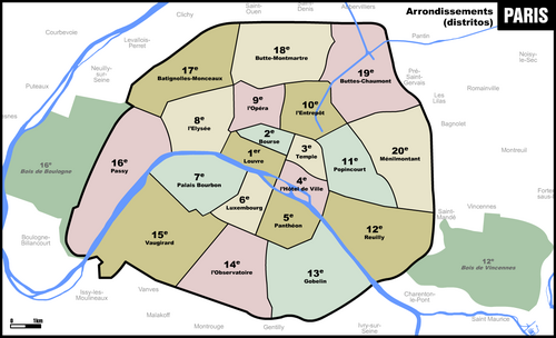 Mapa detallado que muestra la división de la ciudad de París en sus respectivos distritos municipales.