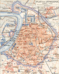 Mapa histórico de 1897 del desarrollo de los muelles de Amberes.