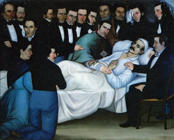 Reproducción de La muerte del general Santander de 1841 en el Museo Nacional de Colombia.