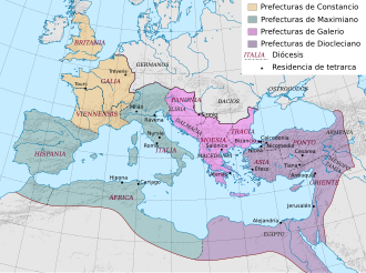 Esquema cartográfico e histórico sobre la división del Imperio romano en las partes occidental y oriental.