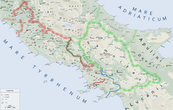 Mapa histórico de Italia central en el siglo IV a. C. antes de la segunda guerra samnita