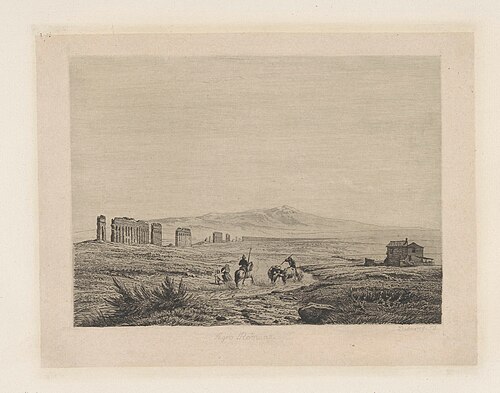 Agro Romano, grabado de 1850 de origen neerlandés que muestra una llanura abierta con un jinete, un campesino, un carro de bueyes y restos de un acueducto romano.