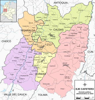 Mapa de la división político-administrativa del Eje Cafetero