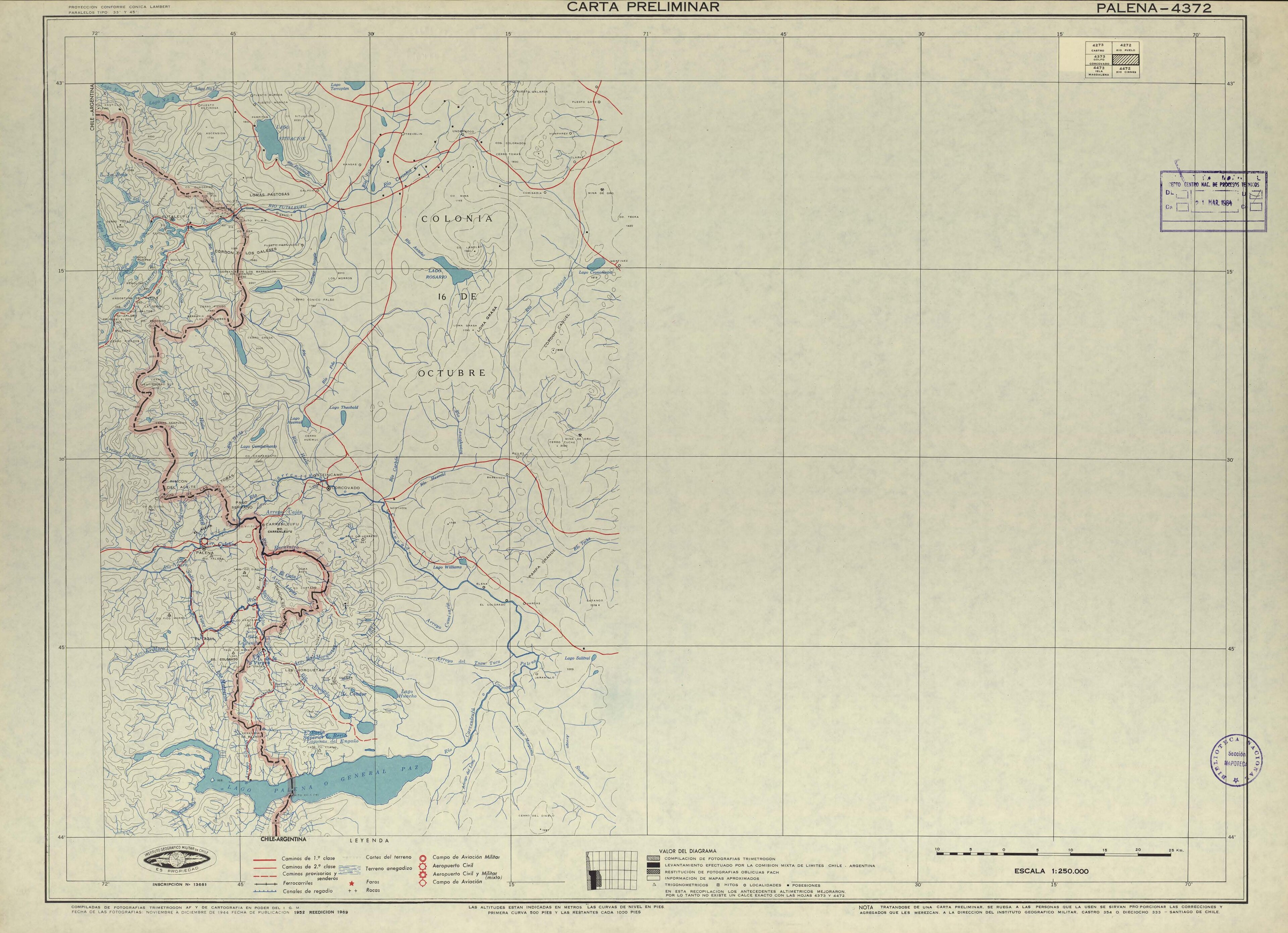 Sección de mapa del Instituto Geográfico Militar de Chile de 1952