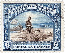Estampilla histórica sobre el lago de asfalto La Brea