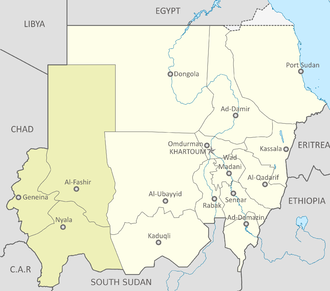 Mapa de la región de Darfur ubicado al oeste de Sudán