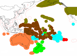 Mapa político que muestra los territorios de Australia, Nueva Zelanda, Estados Unidos, Francia y el Reino Unido en la región del Pacífico