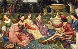 Pintura titulada Un cuento del Decamerón realizada por John William Waterhouse en 1916