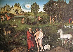 Adán y Eva en el Paraíso pintados por Lucas Cranach.
