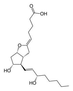 Estructura química de la prostaciclina I2, un ejemplo de ácido graso eicosanoide