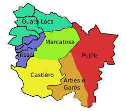 Mapa histórico que muestra los límites municipales y los seis tercios del Valle de Arán.