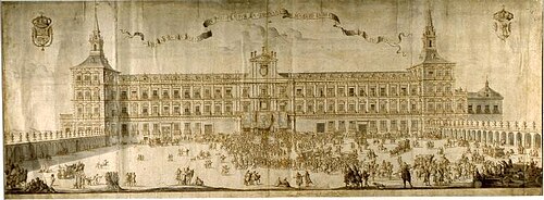 Dibujo a tinta sepia de la proclamación de Felipe V en Madrid