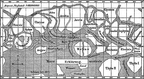 Mapa de Marte publicado por Schiaparelli en 1890