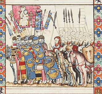 Miniatura histórica medieval que representa a tropas cristianas y musulmanas combatiendo.