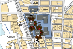 Mapa esquemático de los ataques al complejo del World Trade Center.