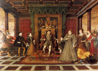 Alegoría de la Dinastía Tudor atribuida a Lucas de Heere, que muestra a Felipe II de España, María I, Enrique VIII, Eduardo VI e Isabel I.