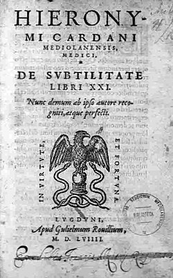 Portada del tratado enciclopédico De subtilitate de Cardano