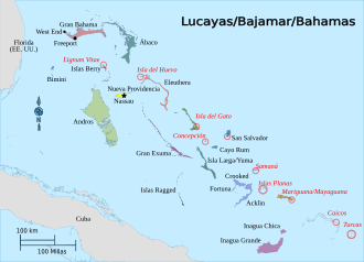 Mapa de las islas Bahamas con círculos que señalan ubicaciones candidatas para Guanahani.