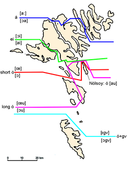 Mapa que ilustra la distribución de isoglosas en las islas Feroe.