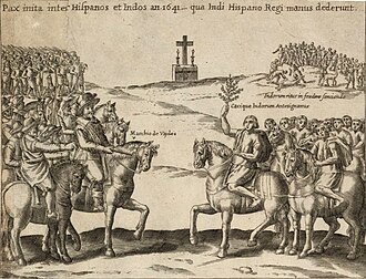 Grabado histórico que representa el Parlamento de Quilín por Alonso de Ovalle de 1646.