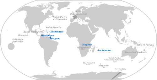 Mapa que muestra la ubicación de los departamentos franceses de ultramar