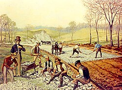 Construcción histórica de una carretera de macadán