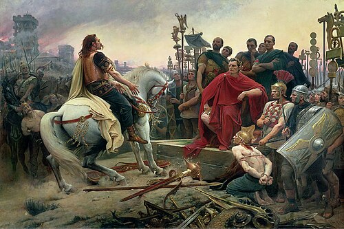 Pintura del siglo XIX que representa a Vercingétorix rindiéndose ante Julio César.