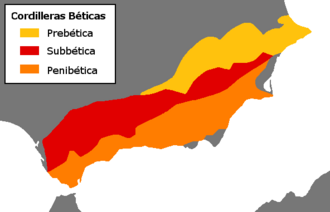 Mapa de localización de la Cordillera Penibética en el sur de España