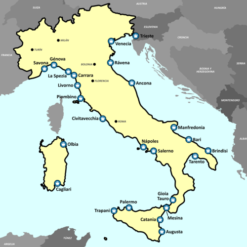 Ubicación de los principales puertos marítimos de Italia