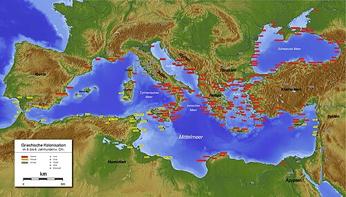 Mapa de las polis griegas del siglo VIII al VI a. C.