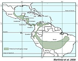 Mapa de distribución histórica de la caoba en América.