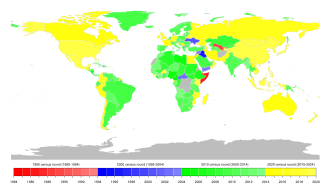 Mapa mundial que muestra el censo más reciente de cada país realizado a 2016