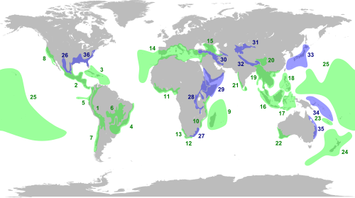 Mapa mundial que muestra la distribución geográfica de los puntos calientes de biodiversidad