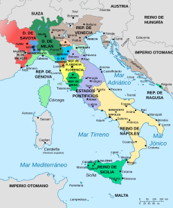 Mapa histórico de Italia a la muerte de Fernando I de Nápoles en 1494