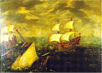 Representación pictórica antigua de buques de guerra en combate naval